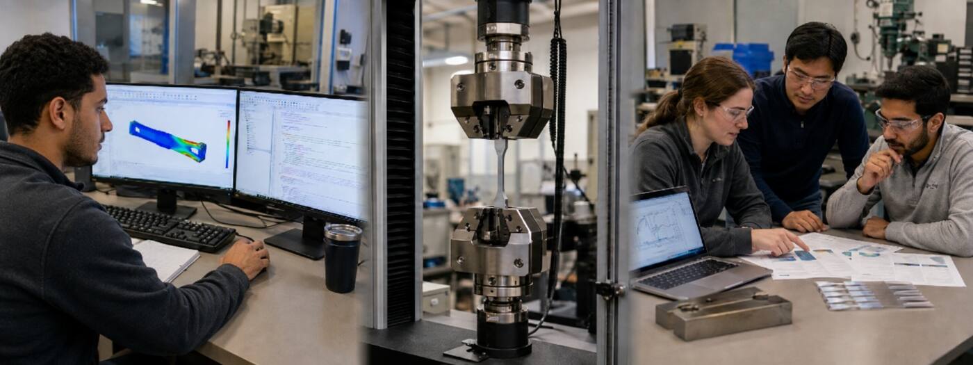 Estudiantes y personal del área de Mecánica de Materiales trabajando con simulación y pruebas mecánicas